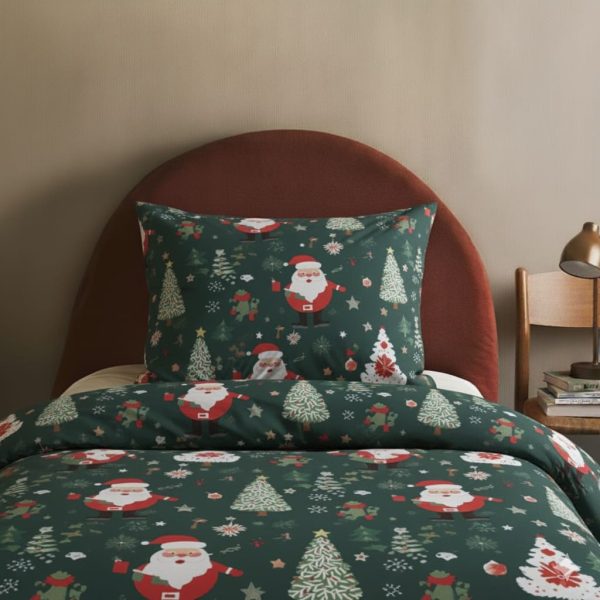 Komplet pościeli świątecznej Mikołaj na butelkowej zieleni 140×200 cm BW