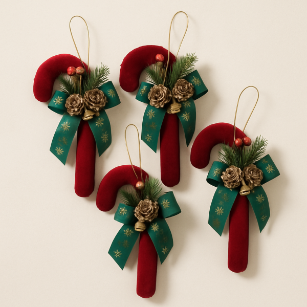 Zestaw 4 ozdób świątecznych – czerwone laski z kokardą i szyszkami 17 cm db WYPRZEDAŻ