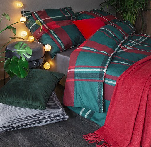 Komplet pościeli bawełnianej świątecznej Czerwono-Zielona Kratka 200x200 cm Wyprzedaż