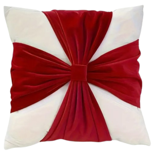 Welurowa poszewka ecru z czerwoną kokarda 45×45 cm Wyprzedaż