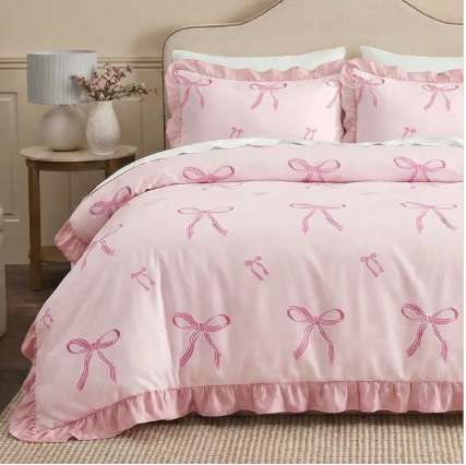 Komplet pościeli z falbanką różowej w białe kokardki NS