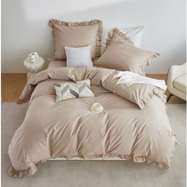 Komplet pościeli bawełnianej beżowa z falbaną