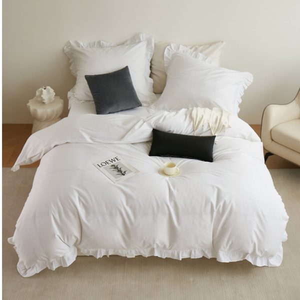 Komplet pościeli bawełnianej biała z falbaną