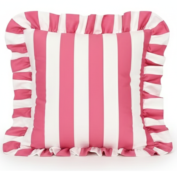 Poszewka na poduszkę różowo białe pasy z falbanką utm