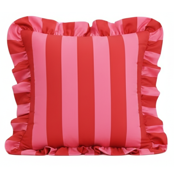 Poszewka na poduszkę Czerwono różowe pasy z falbanką utm
