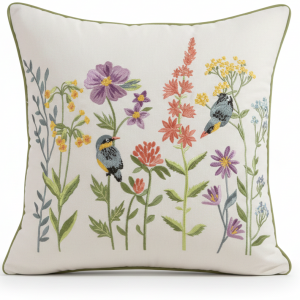 Poszewka na poduszkę Haftowane Kwiaty i Ptaszki 45x45 cm ns